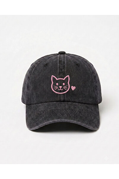Tresore Minimal Cat Embroidered Hat / Minimal Cat Pink Embroidered Hat Baseba...