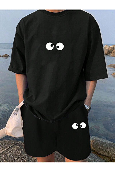 Boi Confused Eye T-Shirt Shorts Koboistdin Set - Black Printed Oversize Crew ...