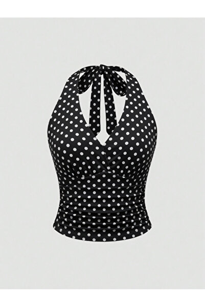 Wildco Black and White Polka Dot Cross-Neck Blouse, Women's Polka Dot Crop To...