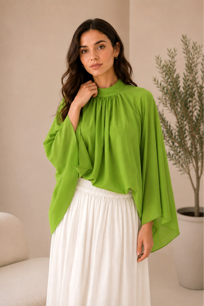SADEL Astarlı Oversize İspanyol Kol Detaylı Vual Bluz - Fıstık Yeşili