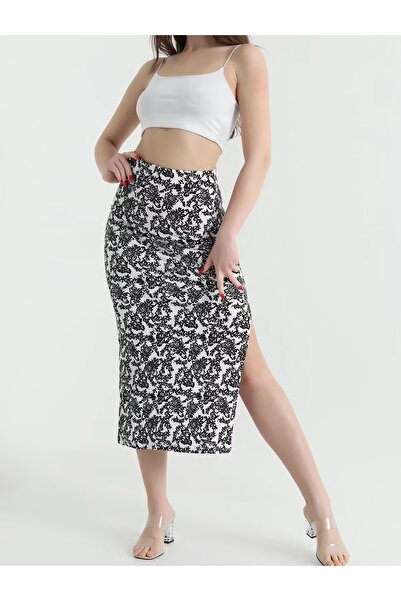 Butik Lena White Slit Crinkle Women's Skirt
