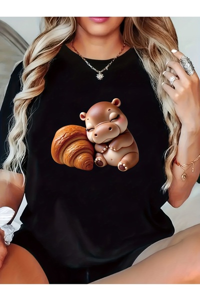 212Wear Ladies' Croissant-Shaped Top with Cute Hippo Print, Featuring Casual ...