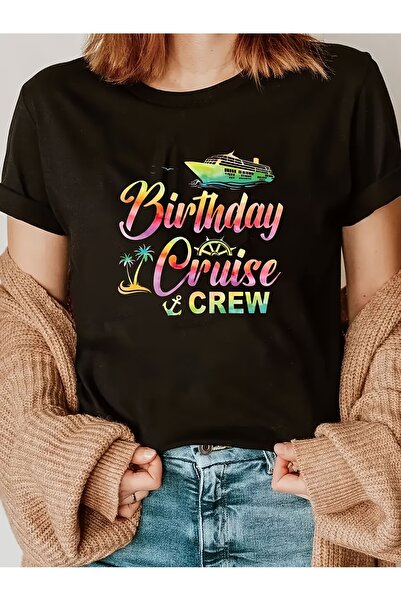 NOURAM تي شيرت نسائي كاجوال برقبة دائرية مع طباعة Birthday Cruise & Crew، بأك...