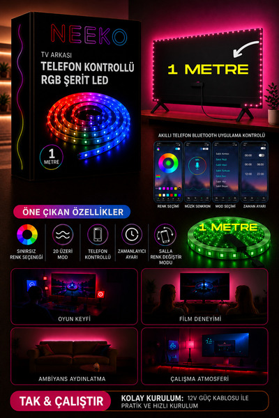 neeko TV Arkası Telefon Kontrollü RGB Şerit Led Sınırsız Renk 20 Mod 12V Kend...