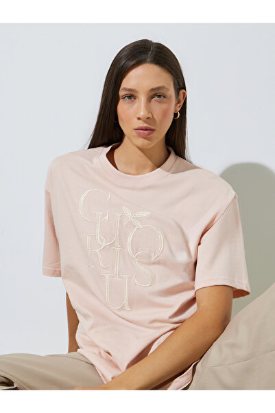 Styli Light Pink Oversized Embroidered Cotton T-Shirt