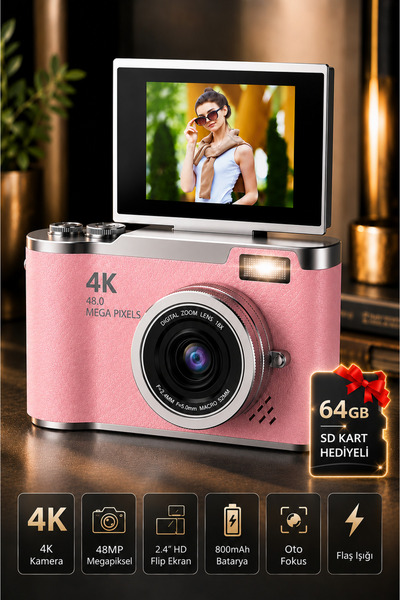 SEYUTECH 4K Dijital Fotoğraf Makinesi 48MP Flip Ekranlı 8X Zoom Flaşlı 64GB S...