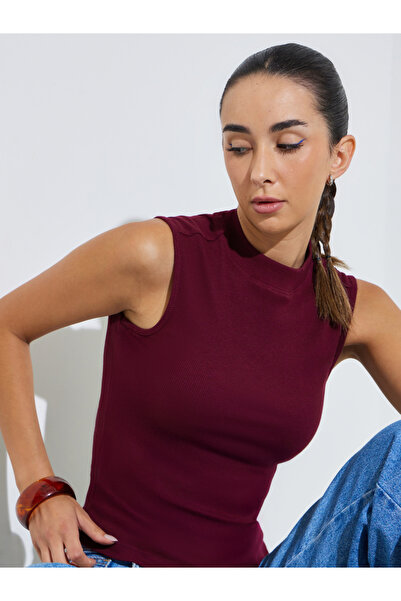 Styli Burgundy Cotton Lycra Ribbed Fitted Tank Top