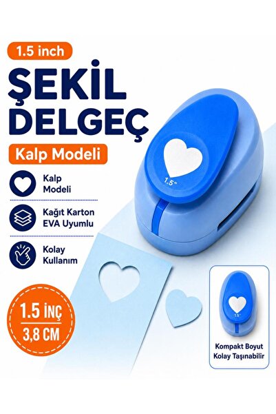OFİSİNN Şekilli Büyük Boy Delgeç/Şekilgeç 3.8 cm Kalp Mavi