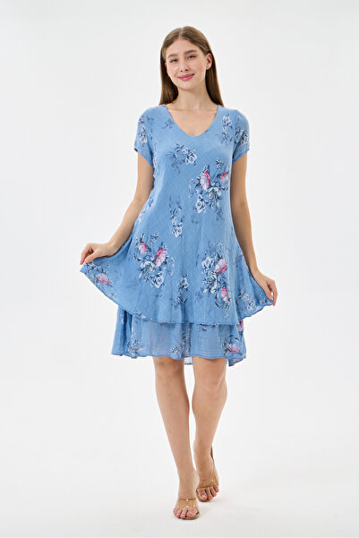 della moor Blue Italian Floral Patterned Lined Short Dress 38 - 42 Size