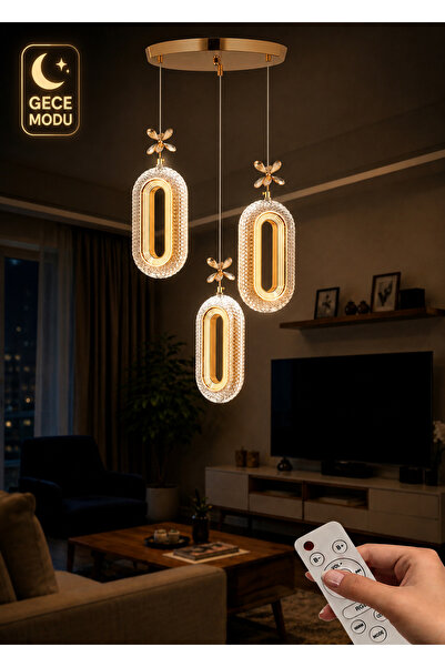 Çadırcı Aydınlatma Led Alfa 3’Lü Gold Kumandalı 3 Renk Ledli Modern Avize