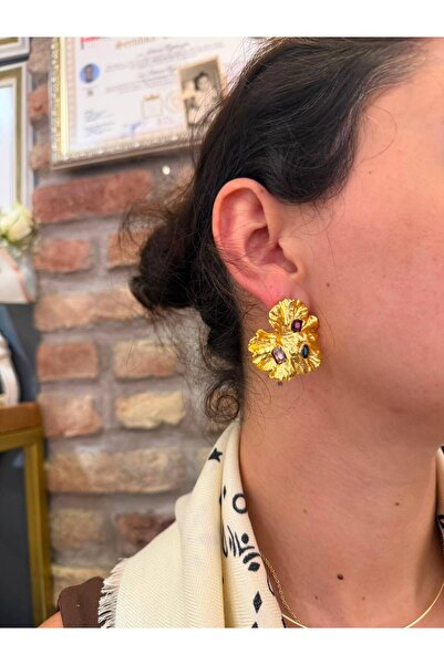 Gold Taşlı Pirinç Küpe