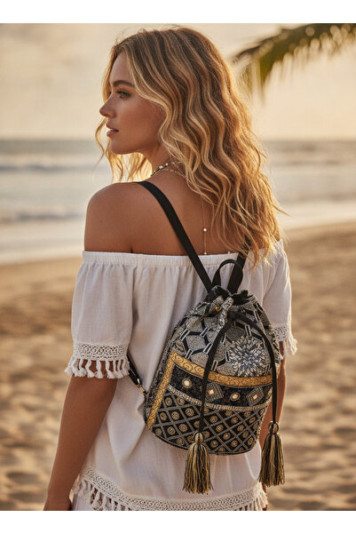 MILANO COLLECTION Rucsac boho crem, model floral, lucrat manual, bun de plajă
