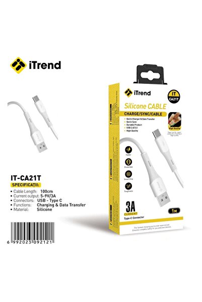 itrend Cablu USB-A la USB-C iTrend, 1 m, Încărcare Rapidă 3A, Silicon, Alb