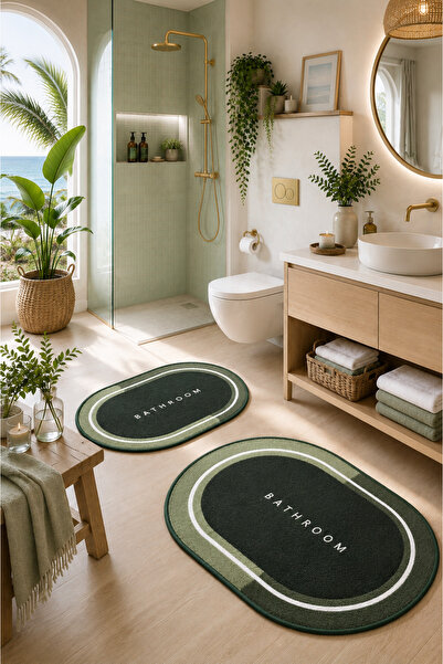 DECOVİST HOME Kaymaz Tabanlı Yıkanabilir 2’li Oval Yeşil Banyo Paspası ve Klo...