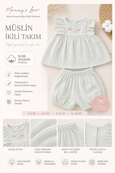 Mummys Love Gots Certified Girls' 2-Piece Muslin Set - Embroidered Blouse & S...