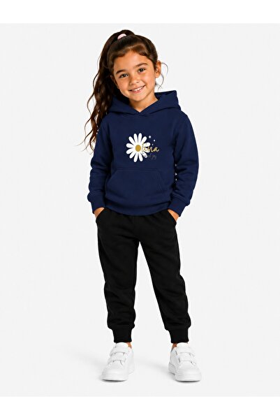 Birdirbir Kız Çocuk Papatya Baskılı Bisiklet Yaka Kapşonlu Sweatshirt
