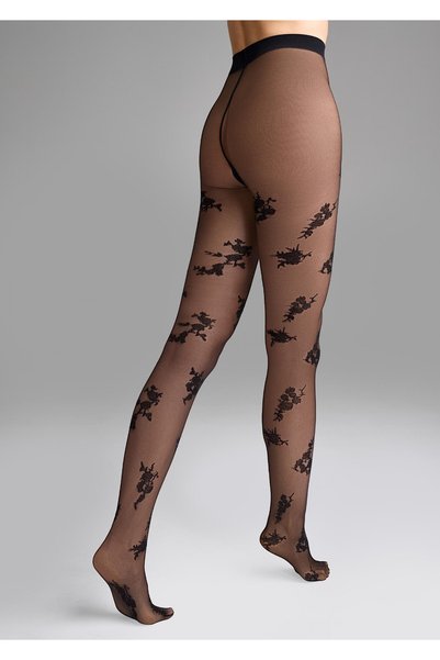 Marilyn Dresuri negre transparente cu model floral - Allure G008, Culoare neagră, densitate 228 DEN, amestec de poliamidă, finisaj transparent, bandă elastică în talie, design floral, dresuri de damă și ciorapi la modă.