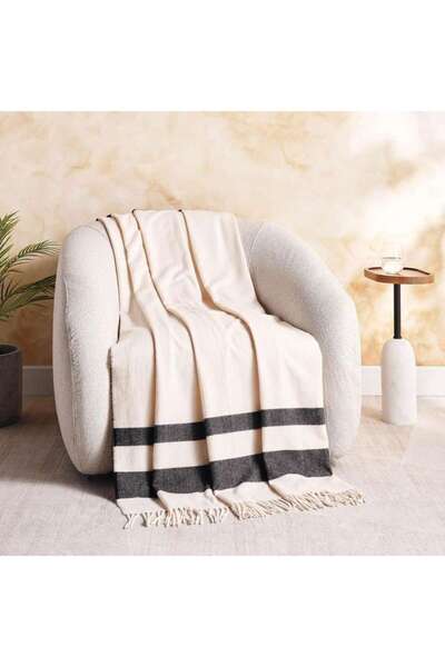 PAN HOME Serene Wool Stripe Border Fringed Throw 135x170cm - Cream