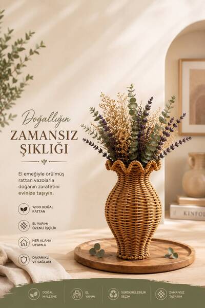 HAZARPAZAR Rattan Çok Amaçlı Dekoratif Hasır Vazo-Modern Şık Tasarım Vazo 29 Cm