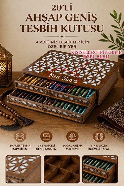 kutuTR Bölmeli Ahşap Geniş Tesbih Kutusu Kişiye Özel İsim Yazılı Çekmeceli Te...