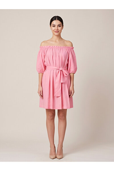 gökçesu Women's Linen Look Madonna Collar Tie-Waist Tiril Tiril Summer Dress