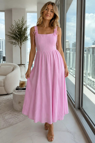 Aryena Pink Shoulder Lace-Up Patterned Dress