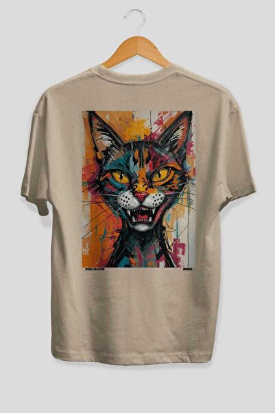 Ankhises Crazy Cat Oversize Back Printed Beige T-Shirt Unisex 100% Cotton Pre...
