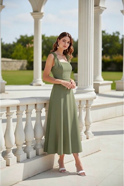 ENDAMIM Square Neckline Straps Maxi Flared Evening Dress Lined Non-See-Throug...