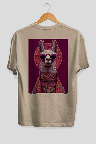 Ankhises Tarz Lama Oversize Back Printed Beige T-Shirt Unisex 100% Cotton Pre...