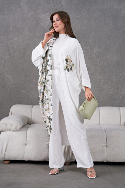 Moda Neval Kadın Çiçek İşlemeli Kimono Alt Üst Takım