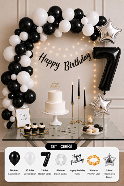 Baloncu Nene 7 Year Old Black and White Birthday Decoration Set with Number B...