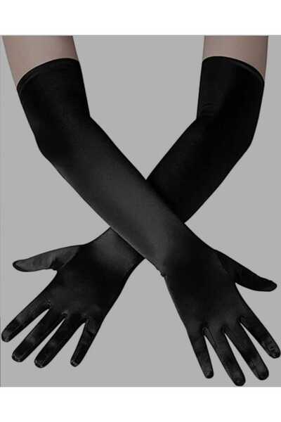 Corvus kolye&bileklik Black Color Long Length Extra Shiny Satin Gloves