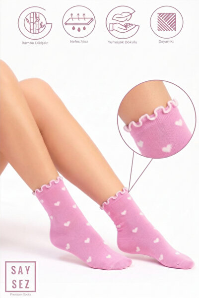 SAYSEZ Bamboo Women's Ruffled Heart Patterned Seamless Premium Socks Pink-White
