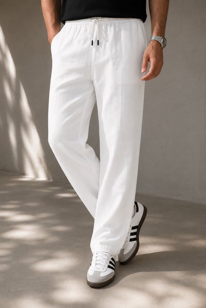 Bossago Pantaloni albi de in pentru bărbați, cu talie elastică și șnur, croială confortabilă, pantaloni casual de vară
