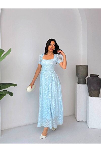 maf collection Women's Blue Rose Embroidered Square Neck Short Sleeve Lined L...