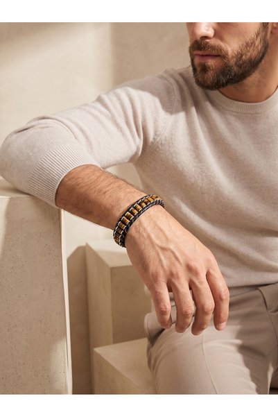 Parmas Design Tiger's Eye and Hematite Steel Braided Leather Men's Gift Bracelet 01896