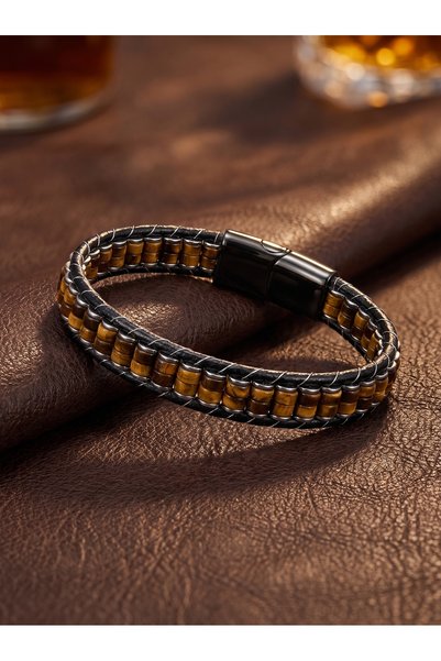 Parmas Design Tiger's Eye and Hematite Steel Braided Leather Men's Gift Bracelet 01896