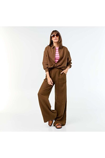 KIABI Wide-leg trousers with elasticated waist BROWN