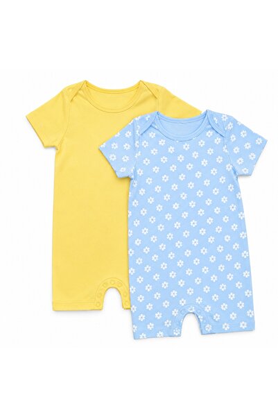 PALM PEANUTS 2-Pack Baby Cotton Short Sleeve Romper Set – Yellow & Blue Flora...