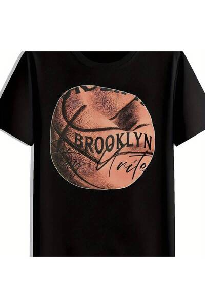 45 BPM Men's Brooklyn Basketball Graphic T-Shirt - Black with Orange/White Pr...