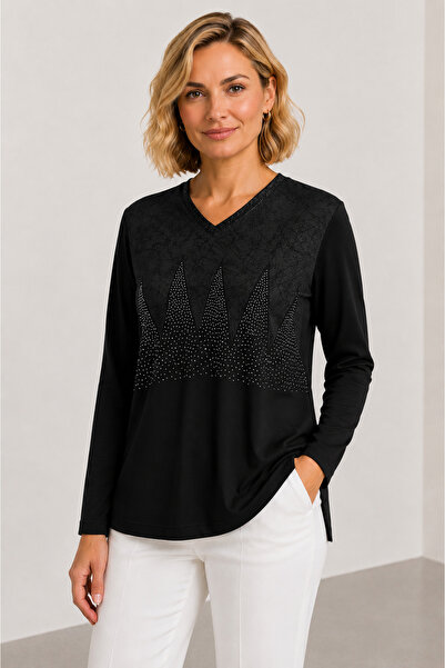 bihan store Women's V-Neck Stone Detailed Long Sleeve Blouse Y26-1085 - Black