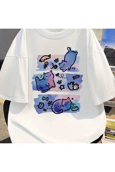 01THEONE Men's Summer Casual T-Shirt, Cat Print, Short Sleeve, Round Neck, Kn...