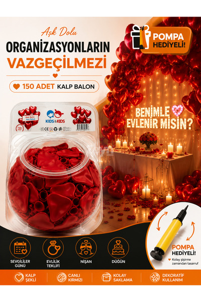 Zeyn Gross Kids & Kids 150'li Kalp Balon Seti – Plastik Saklama Kavanozlu – P...