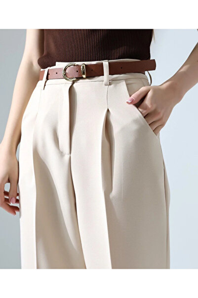 bysoca Women's Beige High Waist Straight Carrot Cut Pleated Belted Fabric Pants