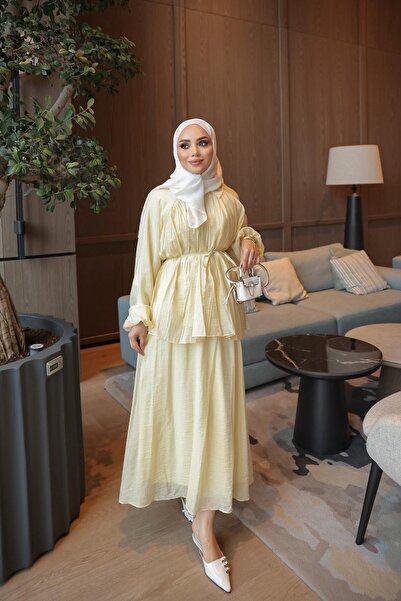 İmajButik Sarı Bel İp Bağlamalı Gömlek Etekli Takım
