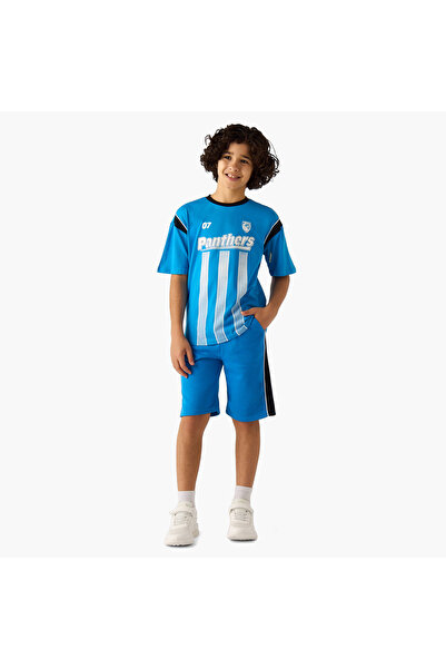 Juniors Crew Neck Short Sleeves T-shirt and Shorts Set with Panthers Print