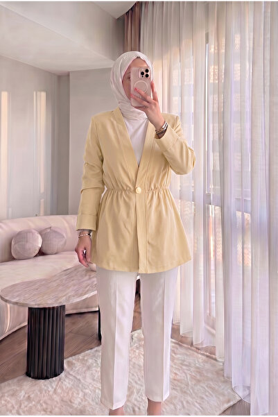 HİFADEN Kadın Beli Lastikli Gold Düğmeli Mevsimlik Şık Tesettür Blazer Ceket