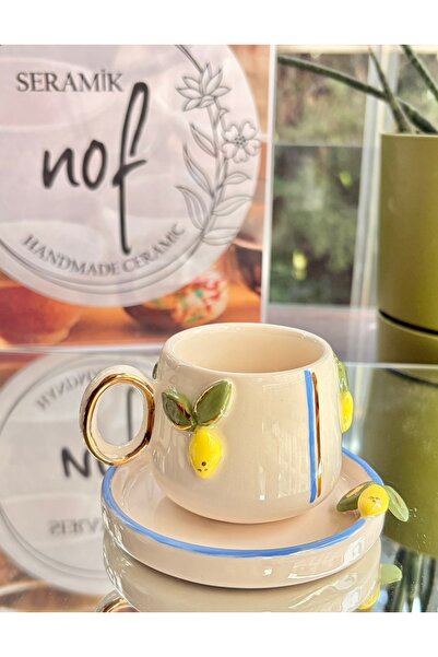 NOF El Yapımı Seramik Gerçek 24K Altın Dekorlu Limonlu Türk Kahvesi Fincanı
