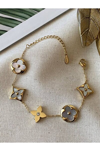 Haziran Accessory, Gold Extension Ring Steel Women's Bracelet with Clover, He...