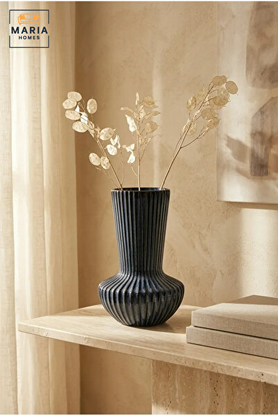 MARIA HOMES Blue Ribbed Decorative Vase, Modern Fluted Flower Holder with Rou...